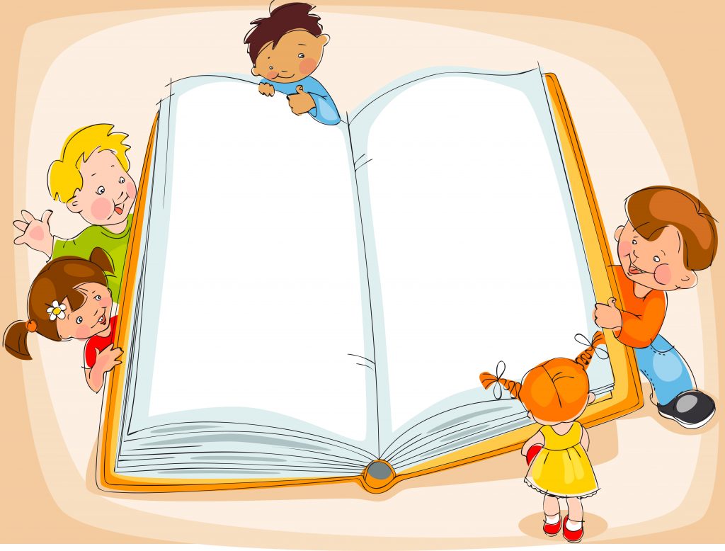 Niños leyendo un gran libro en blanco para celebrar el Día Universal del Niño
