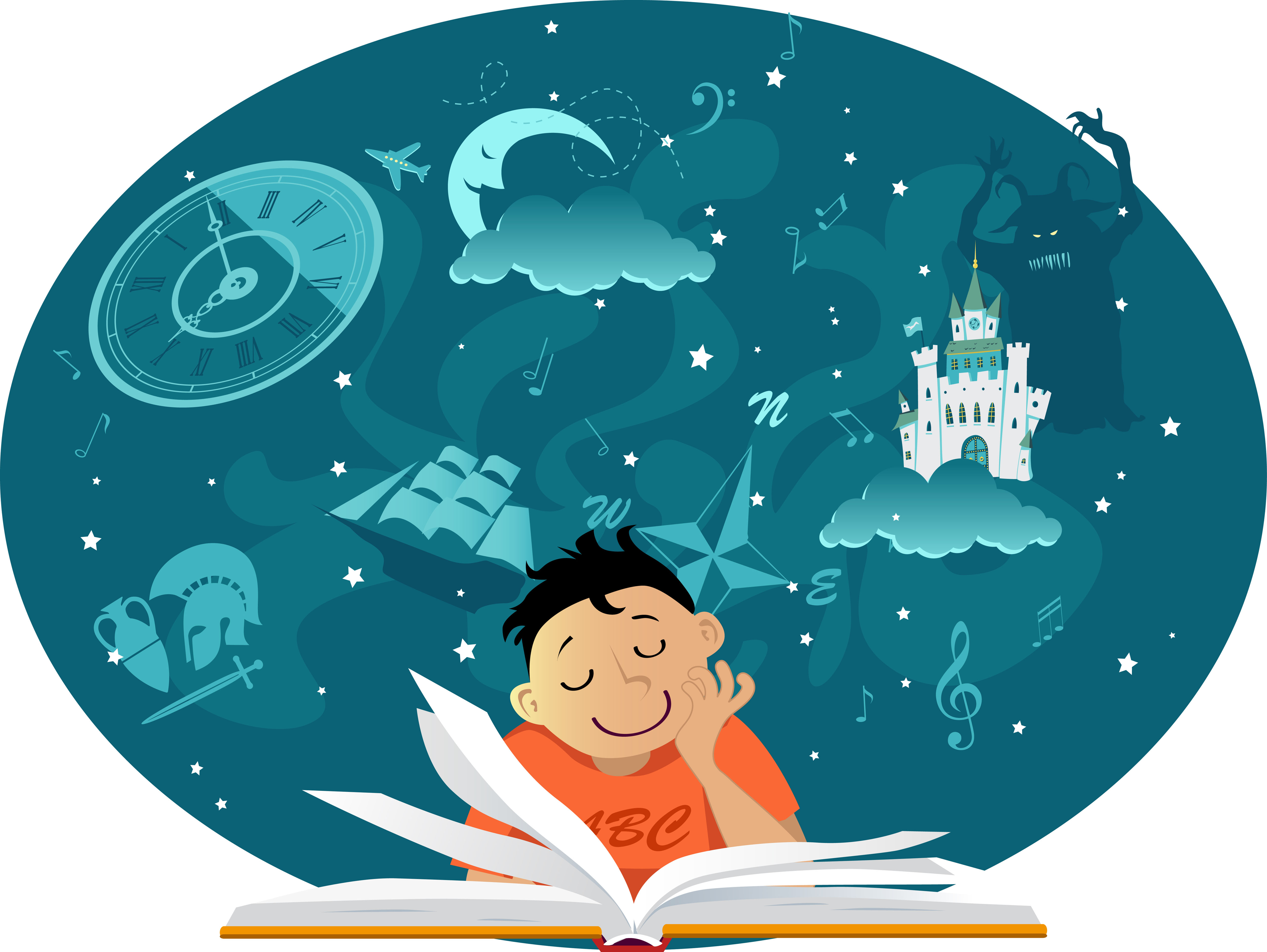 il·lustració d'un nen llegint una lectura per a aquestes vacances